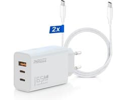 65W USB C Adapter met 3 Poorten + 2 Meter USB-C Kabels – Snellader voor Laptop, Smartphone en Tablet – Universele USB-C Oplader
