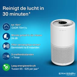 Erikssøn Luchtreiniger Prime - Met Hepa Filter 2x - 70 m3/u - Vermindert Stof En Pollen - Air Purifier - Wit — thumbnail 2