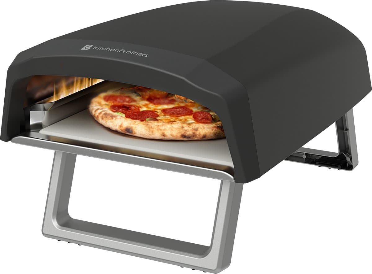 KitchenBrothers Pizza Oven - Gas - Tafelmodel - PFAS-vrij - Inklapbaar - Pizzasteen - Dubbele Brander - Pizza maker - Pizzaoven voor Buiten - Zwart/Grijs — afbeelding 1