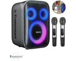Karaoke Partybox - 3-Weg Speaker - 120 W - 2 Draadloze Microfoons - Verlichting Kleur en Equalizer via App - Mic en Gitaar Input - Zwart