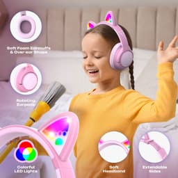 PowerLocus Bobo - Draadloze Koptelefoon voor Kinderen - Bluetooth koptelefoon - 74/85/94dB Volumebegrenzing - Katten Oortjes - Led Verlichting - Roze — thumbnail 7