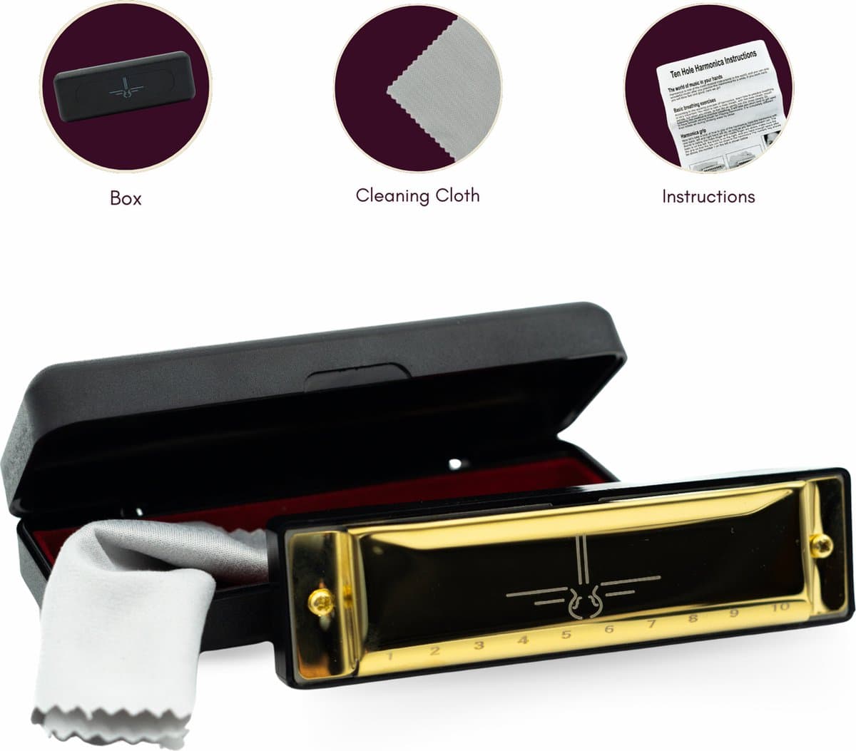 Mondharmonica C voor Volwassenen en Kinderen - Instructieblad - Metallic Gold Blues Harp — afbeelding 1