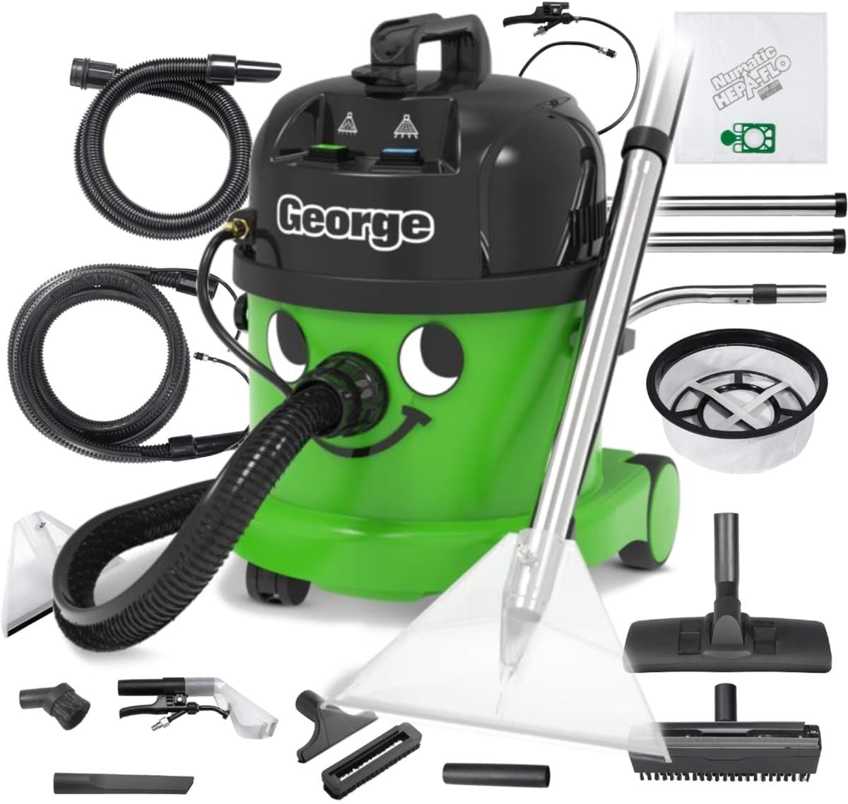 Numatic George - tapijtreiniger stofzuiger - 15 liter - 1060W - 10M snoer - inclusief accessoire kit voor reinigen van tapijt en bekleding, textiel, auto interieur - nat en droogzuiger - sproei-extractieapparaat, extractiemachine - bouwstofzuiger — afbeelding 1