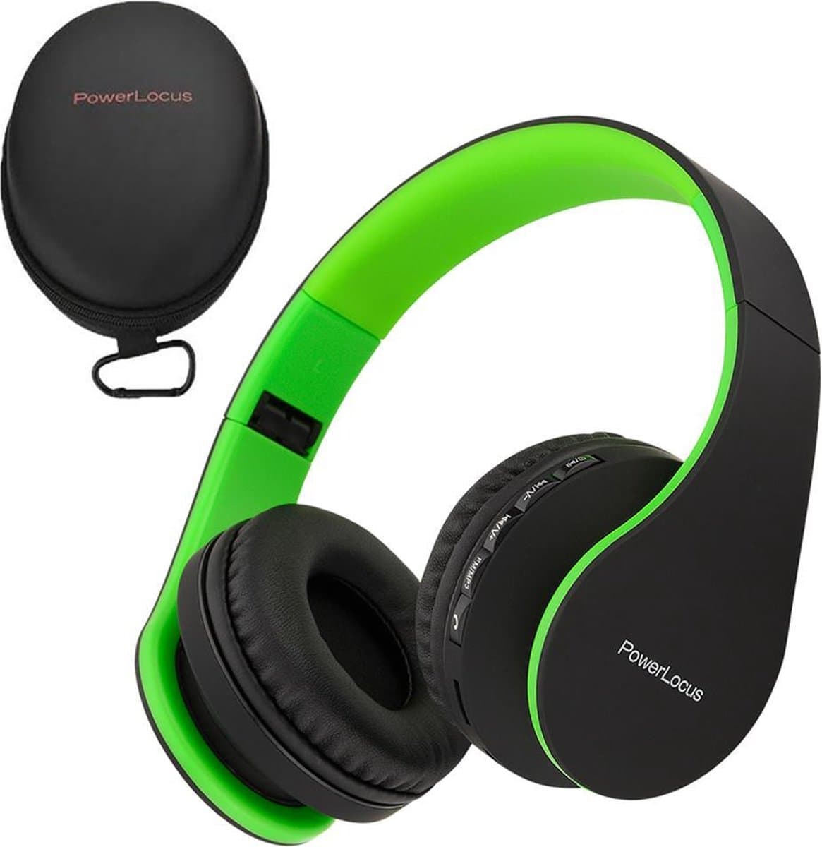 PowerLocus P1 Bluetooth Koptelefoon – Draadloos – Over Ear – Met Microfoon – Inklapbaar - incl. Hoes – Zwart/Groen — afbeelding 1
