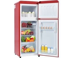 Retrokoelkast. Koel-vriescombinatie, 105,5 cm hoog, 41 cm breed, tweedeurs, met 92 liter totaalvolume, 28 liter vriesvolume. Deurplanken en glazen planken. 181 kWh/jaar, -27°C ~13°C, LED-licht.