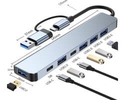 Ferfito Aluminium 7 in 1 USB 3.0 & USB-C Hub-1x USB 3.0 - 2x USB-C - 4x USB 2.0 -USB C hub met 7 poorten - USB splitter - Docking station laptop