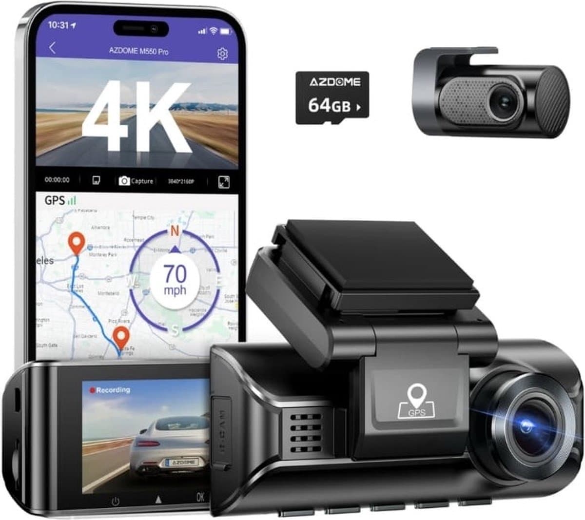 AZDome M550 Pro 2CH 2025 versie - 4K Wifi GPS dashcam voor auto - 4K + FullHD resolutie - Parkeerbeveiliging - 64gb MicroSD - 3,0 inch LCD scherm - 170 + 140 graden kijkhoek - Nachtzicht — afbeelding 1