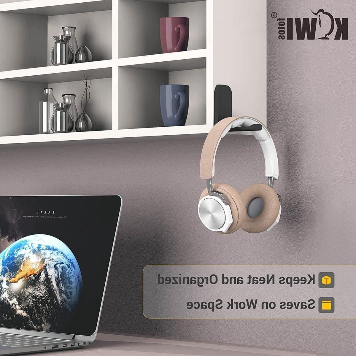 Zelfklevende bureau koptelefoon hanger - pc gamingheadsethouder standaard - opvouwbare hoofdtelefoon haak onder bureau. — afbeelding 1