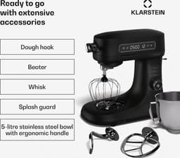 Klarstein Chiara 1600W Keukenmachine – 5L roestvrijstalen kom, 12 snelheden, LCD-touchdisplay, Stil ≤72 dB, Vaatwasserbestendige patisserieset, Aluminium spuitgietbehuizing, Zwart — thumbnail 4