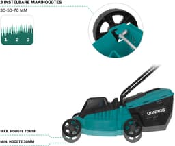 VONROC Accu Grasmaaier 20V – 32 cm maaibreedte - Borstelloze motor - Drie instelbare maai-hoogtes: 30/50/70 mm - Incl. 30L Opvangbak - Incl. 2x 2.0Ah Accu en snellader — thumbnail 5