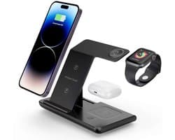 3 in 1 Draadloze Oplader - Zwart - 15W Qi Oplaadstation - Geschikt voor: MagSafe iPhone, Apple Watch, AirPods - iOS & Android