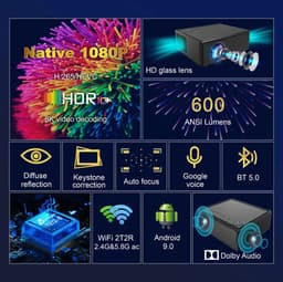 Neova X7 - FHD Movie Projector - Android 11 GTV - 600 ANSI Lumen - Auto Focus - Dual WiFi & Bluetooth - 4K/8K Ondersteuning — thumbnail 5