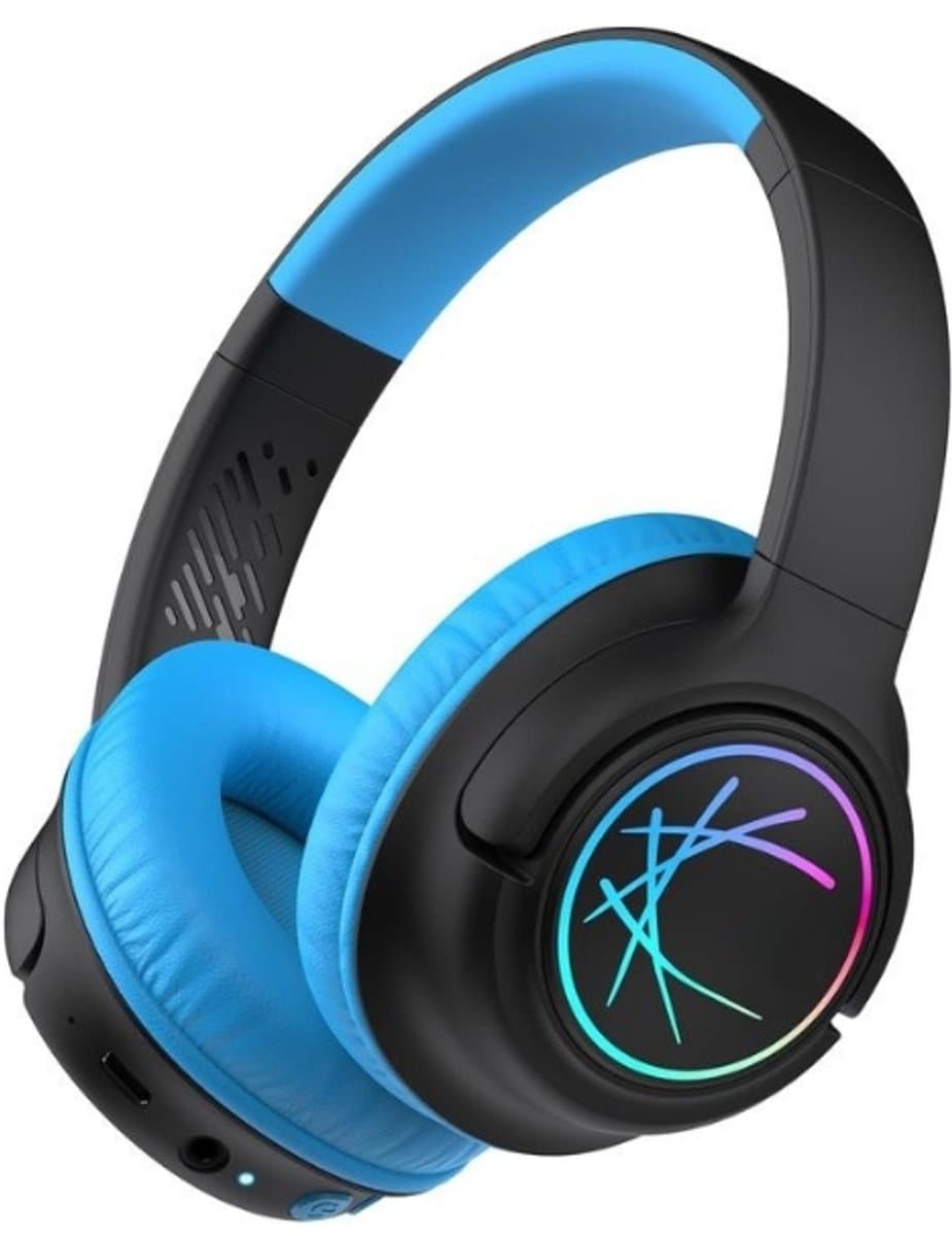 StayPowered Koptelefoon voor Kinderen - de Ultieme Kinderhoofdtelefoon met 43 Uur Speeltijd en Veilige Volumebegrenzing - Ingebouwde Verlichting - Opvouwbaar Ontwerp - USB C - Bedraad/Bluetooth - Zwart/Blauw - Levering Sneller dan Aangegeven! — afbeelding 1