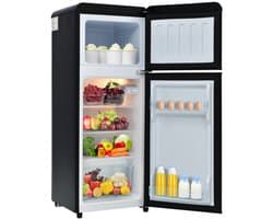 Retro koelkast. Coole en vriezercombinatie, 105,5 cm hoog, 41 cm breed, tweede deur, 92 liter totaal volume, met 28 liter vriezervolume. 116 kWh/jaar, -27 ° C ~ 13 ° C, LED -licht. [Energieklasse D]