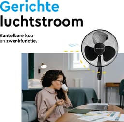 BRASQ Statiefventilator – 40 cm – Zwart - In hoogte verstelbaar – 3 snelheden - 40 Watt — thumbnail 3