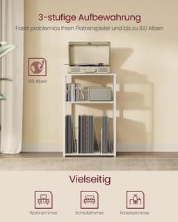 Platenspeler standaard - 3 etages - Bijzettafel - Opslag voor grammofoonplaten - Tot 100 albums - Tafel voor woonkamer en slaapkamer - Vintage wit — thumbnail 2