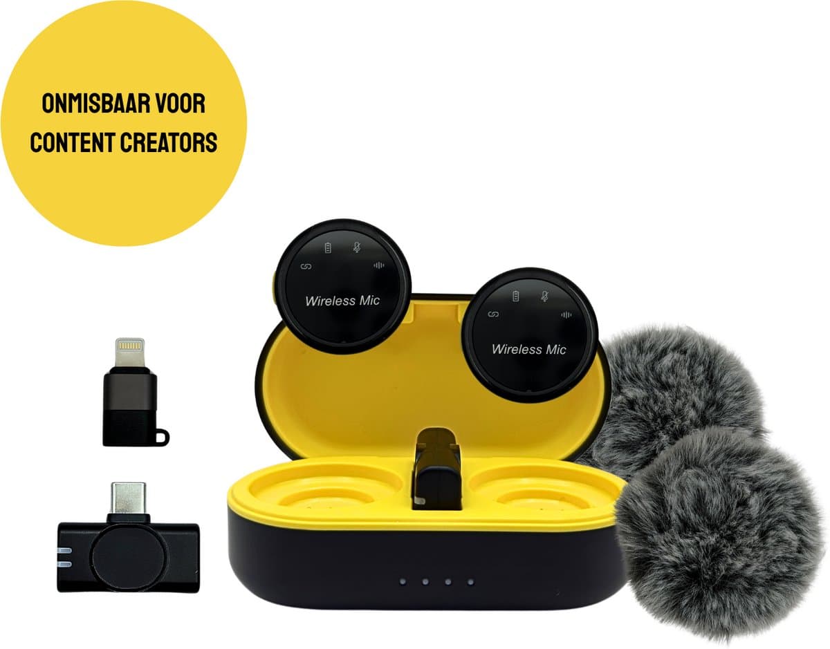 INSTART® - Draadloze microfoon - 2 stuks - lavalier - dasspeld - oplaadcase - windshields - telefoon microfoon — afbeelding 1