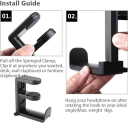 Headset Houder - Headset Haak - Hoofdtelefoon Hanger - Headset Standaard - Koptelefoon Houder voor onder Bureau - Hoofdtelefoon Hanger met Verstelbare & Roterende Arm Klem - Zwart - 1 Stuk — thumbnail 3