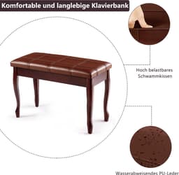 COSTWAY Pianobank Pianokruk van massief hout, pianobank gestoffeerd, pianozitbank, keyboardbank pianobank 75x35x49cm (bruin) — thumbnail 2