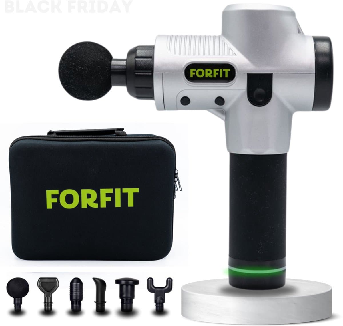 FORFIT Massage Gun - Metallic Silver – 30 Standen en 6 Opzetstukken – Draadloos en stil – Professioneel Massage apparaat- Massage Pistool — afbeelding 1