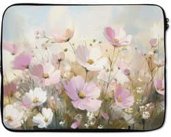 Laptophoes 17 inch - Bloemenveld - Lichte tinten - Geschilderd - Laptop sleeve - Binnenmaat 41x28 cm - Zwarte achterkant