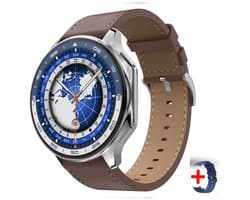 Knobbout 1.43 inch AMOLED-scherm met 3D-ontwerp Smartwatch - Slimme opnamefunctie- 4 GB interne opslag - MP4-video-ondersteuning - Nieuwste ATS3085S Gen 2-chipset - Ingebouwde kompasfunctie - Bruine lederen + blauwe siliconen horlogeban