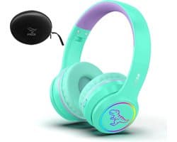 StayPowered Kinder Bluetooth Hoofdtelefoon - Perfect voor School & Reis - Veilig Volumeniveau - Heldere Geluidskwaliteit - met LED - Draadloos & Bekabeld - Versterkt Materiaal - Lange Batterijduur - Groen/Paars - Levering Sneller dan Aangegeven!