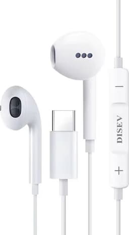 DISEV® - Oortjes met Draad - USB-C Aansluiting - In-Ear Oordopjes met Draad - Oortjes met Draad en Microfoon - 1.20M kabel - Wit — thumbnail 1