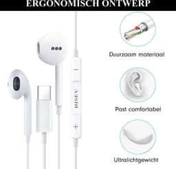 DISEV® - Oortjes met Draad - USB-C Aansluiting - In-Ear Oordopjes met Draad - Oortjes met Draad en Microfoon - 1.20M kabel - Wit — thumbnail 5