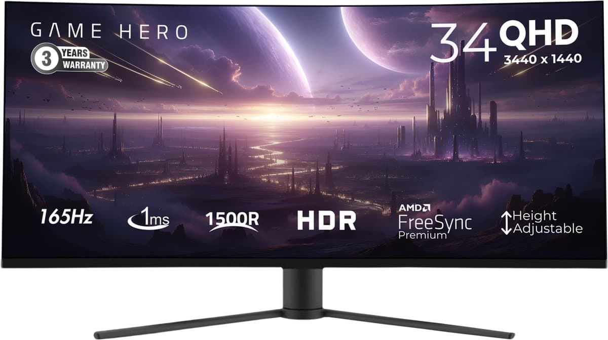 GAME HERO® 34 inch Ultrawide Curved Gaming Monitor Zwart - 165 Hz - 1ms — afbeelding 1