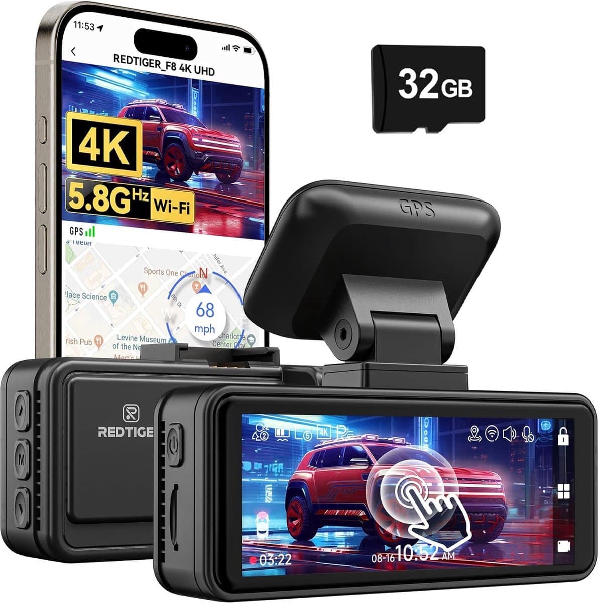 RedTiger F8 Pro Dashcam voor auto - Ultra 4K - Voor Camera - WiFi en GPS - 3,18 Inch met App - Dashcams - 2024 model - Sony Sensor - Nachtzicht - Parkeerbewaking - G Sensor - Loop opname - — afbeelding 1