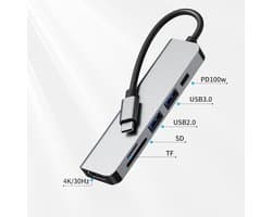 Ferfito Aluminium schaal 6 in 1 USB-C Hub- 1xUSB 3.0 - 1xHDMI 4K- 1xUSB 2.0 - 1xSD - 1xTF - 1xPD 100W- USB C hub met 6 poorten - Multifunctioneel gedekt USB splitter - Docking station laptop