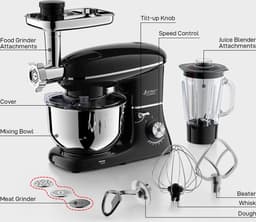 Ariqo 3-in-1 Keukenmachine - Keukenmixer met Mengkom - 1500W - 6 Standen - Brood, Vleesmolen, Smoothie, Garde - 5.5L - Zwart — thumbnail 2