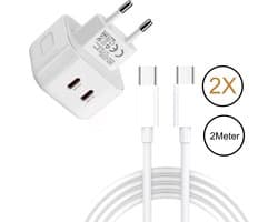 35 Watt USB C Adapter Oplader - Twee USB C Poorten Snellader Quick Charger - Inclusief 2 Stuks 60W USB C Naar USB C Kabel oplaadsnoer 2 Meter - Universeel