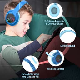 PowerLocus Bobo - Draadloze Koptelefoon voor Kinderen - Bluetooth koptelefoon - 74/85/94dB Volumebegrenzing - Led Verlichting - Audio Sharing Functie - Blauw/Zwart — thumbnail 6