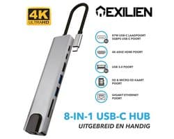 Exilien USB-C Hub - 8 in 1 - USB 3.0, 3,5mm AUX, HDMI, LAN, USB-C, SD en Micro-SD - Grijs