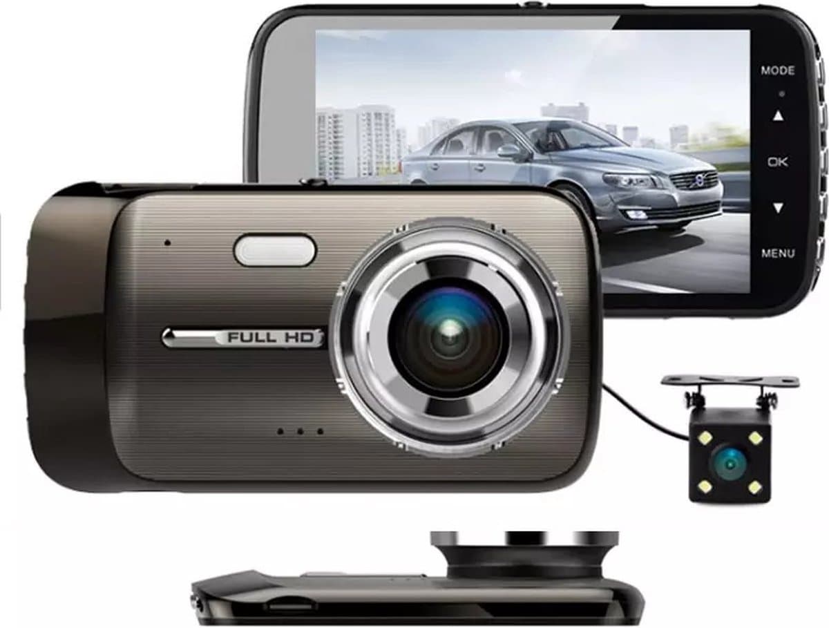 TechU™ Dashcam Voor en Achter Camera – M19 Antraciet – Dashboardcamera – Full HD 1080P – 170° Wijdhoeklens – G-sensor – Parkeermodus – Nachtvisie – Loop recording – Bewegingssensor – Incl. Achteruitrijcamera - voor auto — afbeelding 1