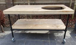 Buitenkeuken | 140x70cm | Gat 58cm | Wielen | Zwart Staal en Hout | BBQ Tafel | Kamado Tafel | Barbecue | Big Green Egg | Bastard | Grill Guru | Kamado Joe | Ombouw | Onderstel | Geschikt voor vele modellen — thumbnail 4