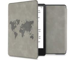 kwmobile e-reader hoesje geschikt voor Amazon Kindle Paperwhite 11. Generation 2021 hoes - Ereader flip case met standaard - Kunstleren e reader cover - Wereldkaart design in grijs