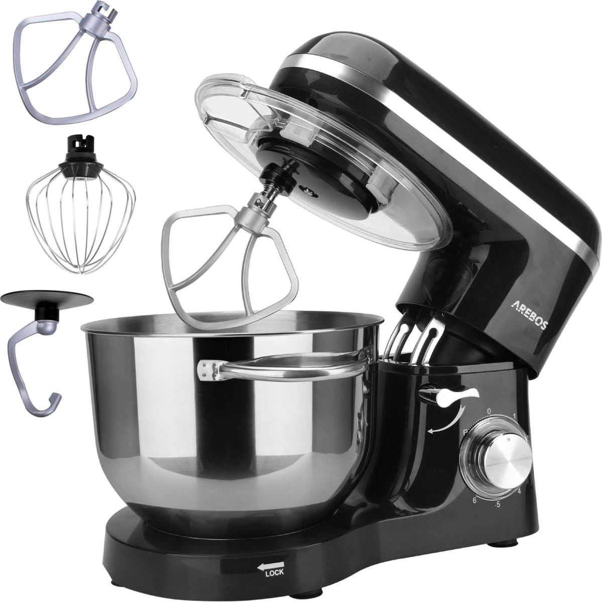 AREBOS Keukenmachine - 1500W - Keukenrobot - 6L - Keukenmixer - Foodprocessor - Roestvrij Stalen Mengkom - 6 Snelheden - Zwart — afbeelding 1