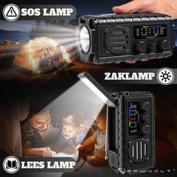 RAWVOLT® - NIEUW - Noodradio SW20K - 20000mAh Li-ion Accu - Solar Opwindbaar - Powerbank, Zaklamp, SOS Alarm & Leeslamp - 2026 model voor indoor, outdoor en in noodpakket - incl. Multi-Function Survival Armband - Cosmos Black — thumbnail 4