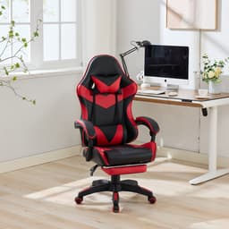 Ergonomische Bureaustoel/Gamingstoel – Verstelbare Rugleuning – 360° Draaibaar - Met Armleuningen En Voetsteun - Hoofdsteun & Lendensteun - Zwart, rood — thumbnail 3