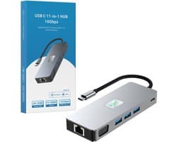 USB-C Hub - 11-in-1 Docking Station - 2 schermen - 3x USB 3.2 - 1x HDMI 4K - 1x DisplayPort - 1x Ethernet 1000mbps - 1x USB-C 5Gbps - 1x VGA - 1x Audio 3.5mm Jack - TF en SD Kaartlezer - 1x USB-C PD 100W - USB Hub Laptop - Grijs