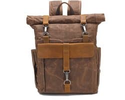 DE LAMASSU® Vintage Canvas Rugzak 15 Inch Laptop – Rolltop Backpack – Waterafstotend – Canvas & Echt Leer – 32x12x45-58 cm – Unisex