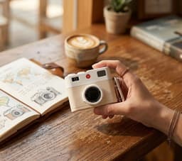 Wit hoesje voor oordopjes unisex in retro camera vorm met karabijnhaak geschikt voor AirPods Pro 3 met reliëf details en compact ontwerp — thumbnail 5