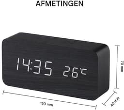 QTTVBTNA -Digitale wekker, houten design, elektronisch led-display, tijd- en datumweergave, temperatuur- en vochtigheidsmeting, 3 alarminstellingen, 3 helderheidsniveaus, geschikt voor thuis, slaapkamer, kantoor en op reis - zwart — thumbnail 2