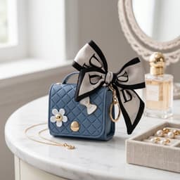 Blauw hoesje voor oordopjes dames met strik en decoratieve details geschikt voor AirPods 4 kunstleer hardcase met ring en lint — thumbnail 2