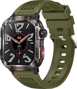 Knobbout Outdoor Smartwatch 2.01”(3.4*4cm) Extra Groot Scherm – Militair Standaard Schok & Krasbestendig - Zaklamp + SOS - Kompas & Hoogtemeter - GezondheidsmonitorBluetooth Bellen -AI Spraakassistent- 600mAh -IP68 -wart staal+ siliconen band - Groen — thumbnail 1