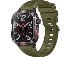 Knobbout Outdoor Smartwatch 2.01”(3.4*4cm) Extra Groot Scherm – Militair Standaard Schok & Krasbestendig - Zaklamp + SOS - Kompas & Hoogtemeter - GezondheidsmonitorBluetooth Bellen -AI Spraakassistent- 600mAh -IP68 -wart staal+ siliconen band - Groen