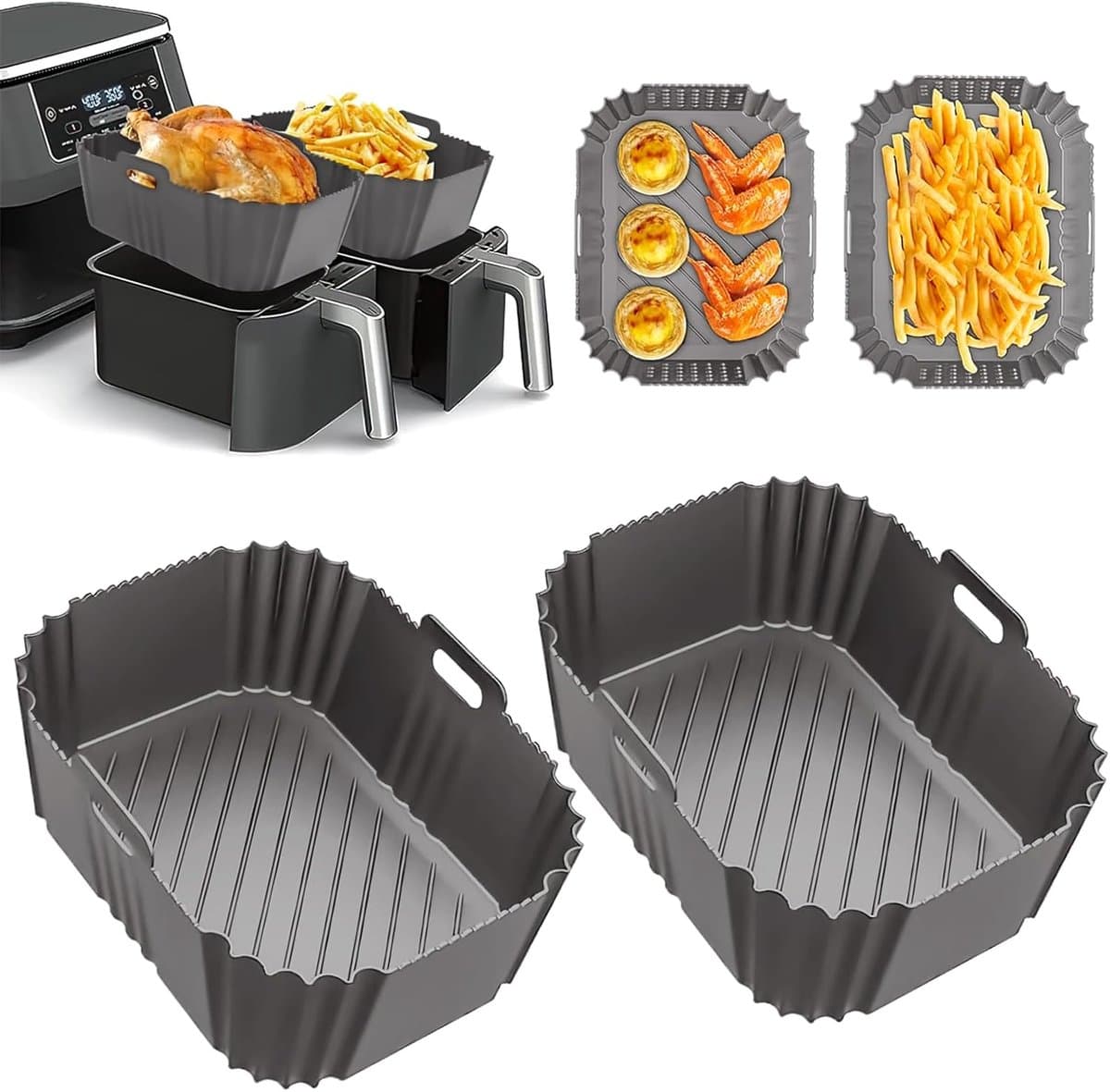 2 Stuks Siliconen Bakjes voor Dual Zone Airfryer - Herbruikbare Bakvorm - Voor Dubbele Airfryers 7,6-10L - Grijs - BPA-Vrij — afbeelding 1